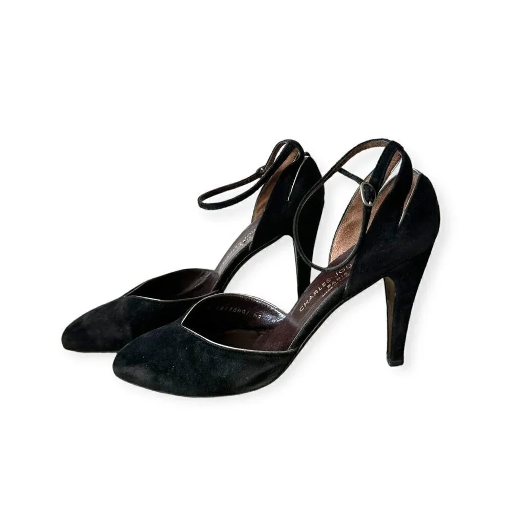 Vintage Charles Jourdan Black Suede Ankle Strap Pumps,  Size 8 1/2